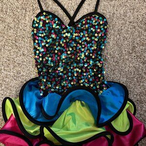 XSC Weissman Bright Confetti Dance Costume w/ Neon Skirt sequin bodice 4/5